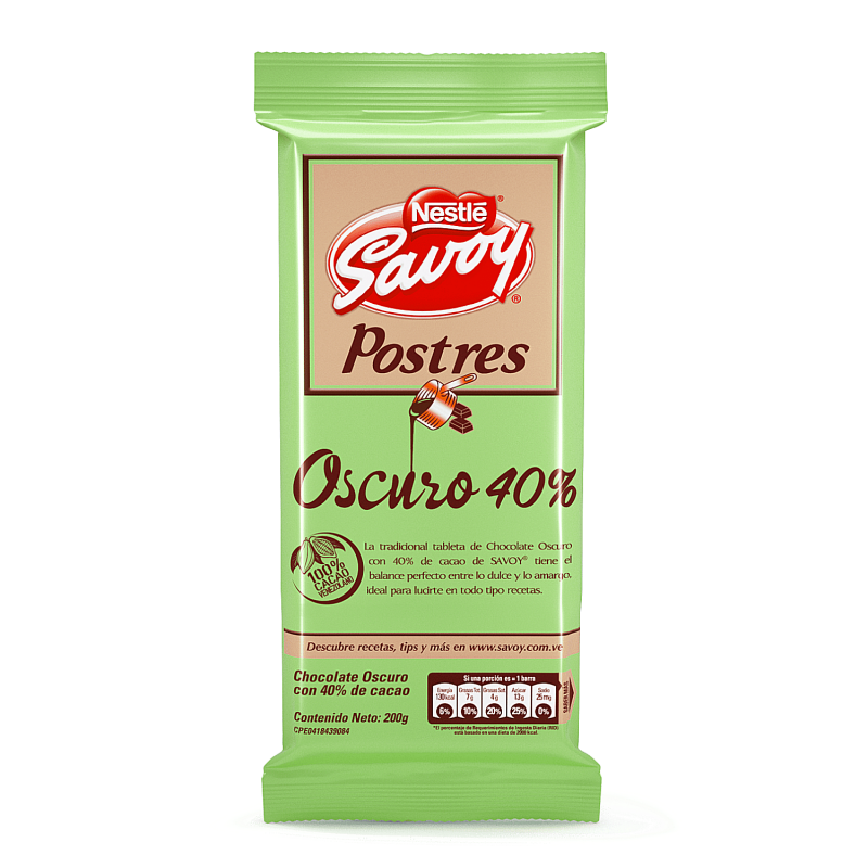 CHOCOLATE SAVOY POSTRES 40% DE CACAO 200GR